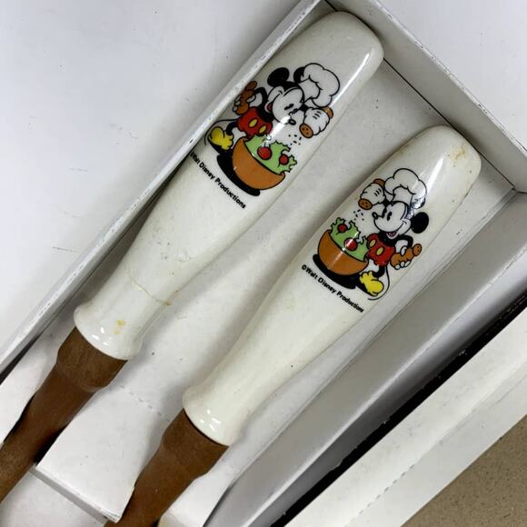 Vintage Disney Mickey Mouse Fork & Spoon Serving Set Wood Retro Kitchen Japan - Picture 3 of 7